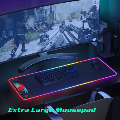 RGB LED Mouse Pad with 15W Wireless Charger Gaming Mouse Pad with 10 Light Modes, Extra Large Mousepad Non-Slip Rubber Base Computer Keyboard Mat for Men