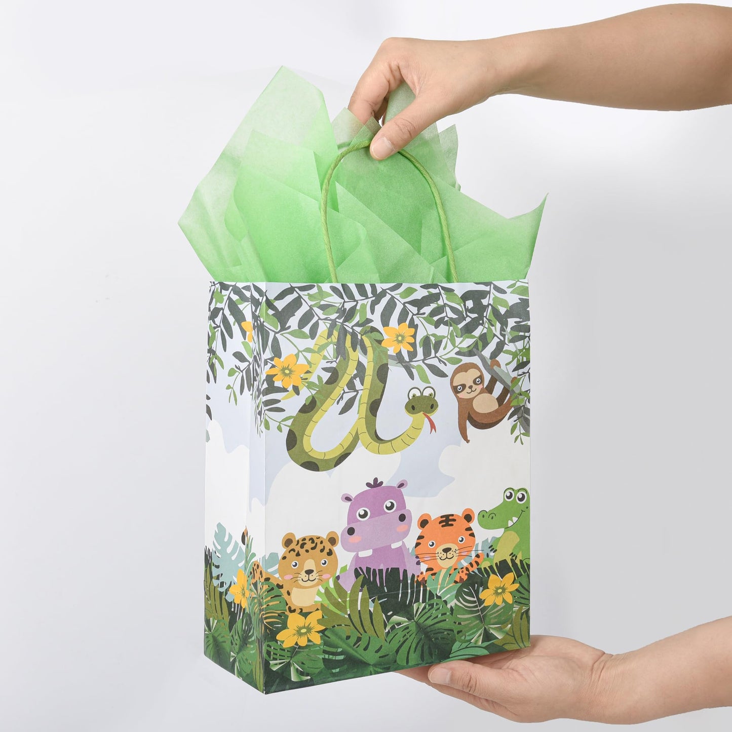 36 Pack Medium Jungle Safari Woodland Animal Themed Paper Gift Bags with Handles and Green Tissue Paper for Birthday Baby Shower Party Favors Goodies Treats, 10x8x4 Inch (2 Assorted Designs)