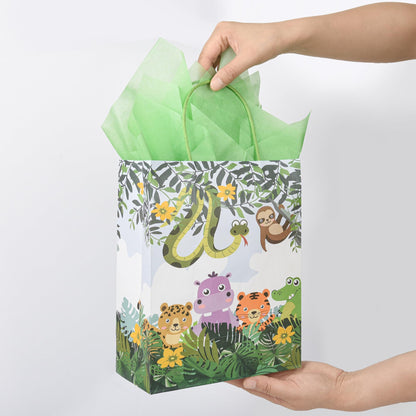 36 Pack Medium Jungle Safari Woodland Animal Themed Paper Gift Bags with Handles and Green Tissue Paper for Birthday Baby Shower Party Favors Goodies Treats, 10x8x4 Inch (2 Assorted Designs)