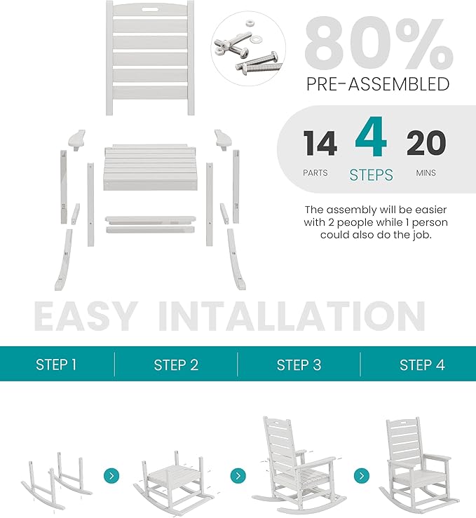 SERWALL Outdoor Rocking Chair Set of 4, Oversized HDPE Patio Rocking Chair with Footrest for Adults, All Weather Porch Rocker for Deck Patio Balcony, White
