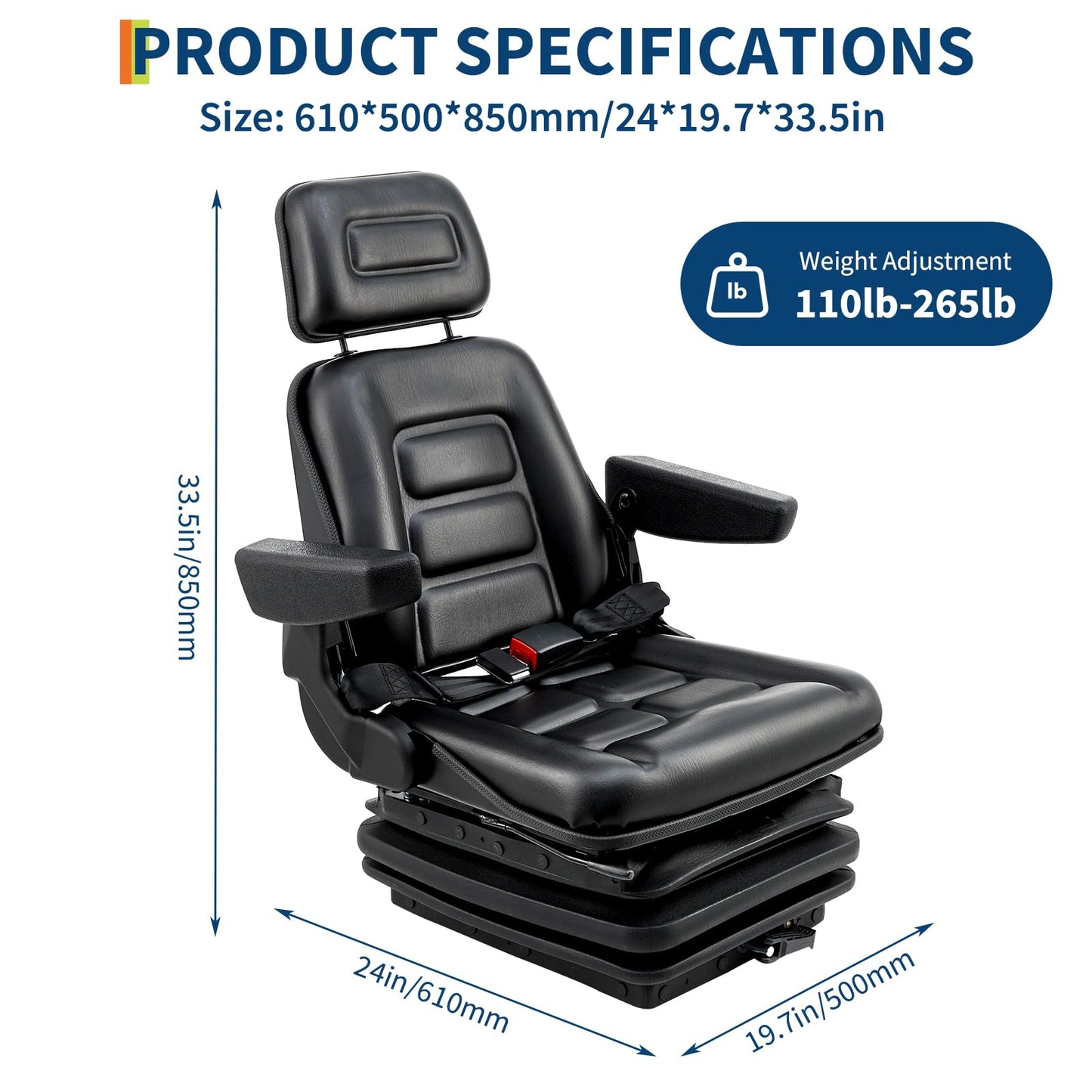Suspension Seat Adjustable Backrest Headrest Armrest, Forklift Seat with Slide Rails, Foldable Heavy Duty for Tractor Forklift Excavator Skid Steer