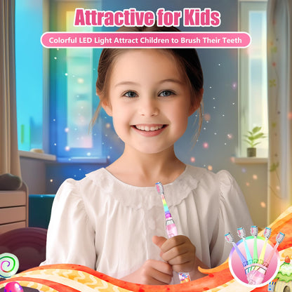 Kids Electric Toothbrush 3-5-6-12, Toddler Toothbrush Girls Electric Toothbrush with Timer Rainbow LED Light Up Sonic Battery Powered Junior Childrens Electric Toothbrush (Unicorn Pink)