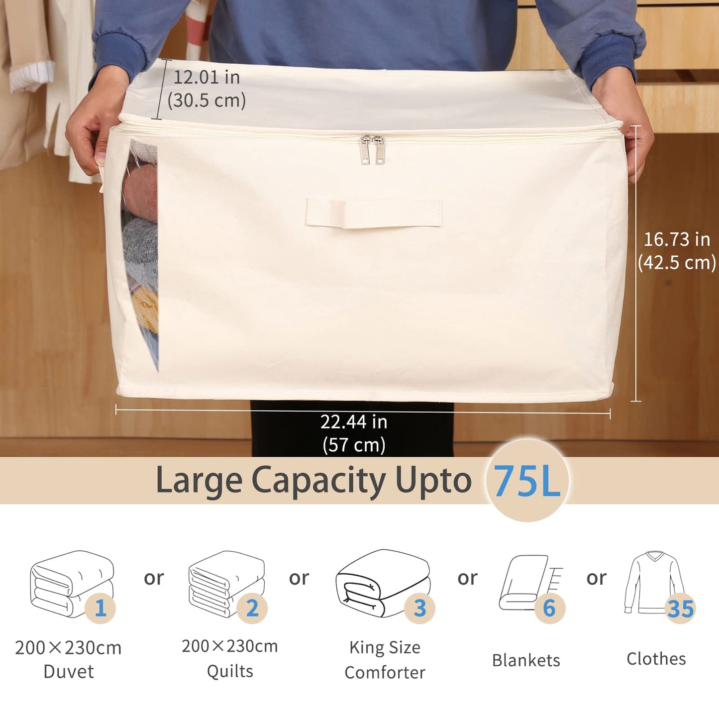 Canvas Comforters Bags Closet Organizers and Storage for Quilts Clothes Organization Containers Bins with Sturdy Zipper, Clear Window 75L for Sweaters Blankets Storage Bedroom Collapsible