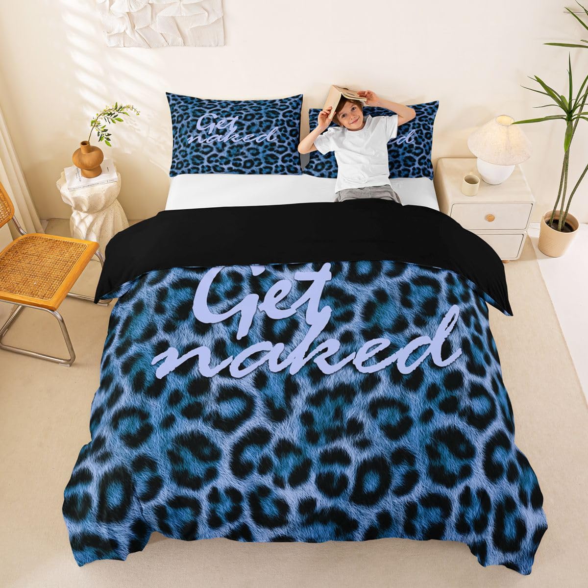 Feelyou Leopard Print Get Naked Duvet Cover King Size Funny Quotes Comforter Cover for Boys Girls Blue Black Bedding Set 3Pcs Cheetah Room Decor