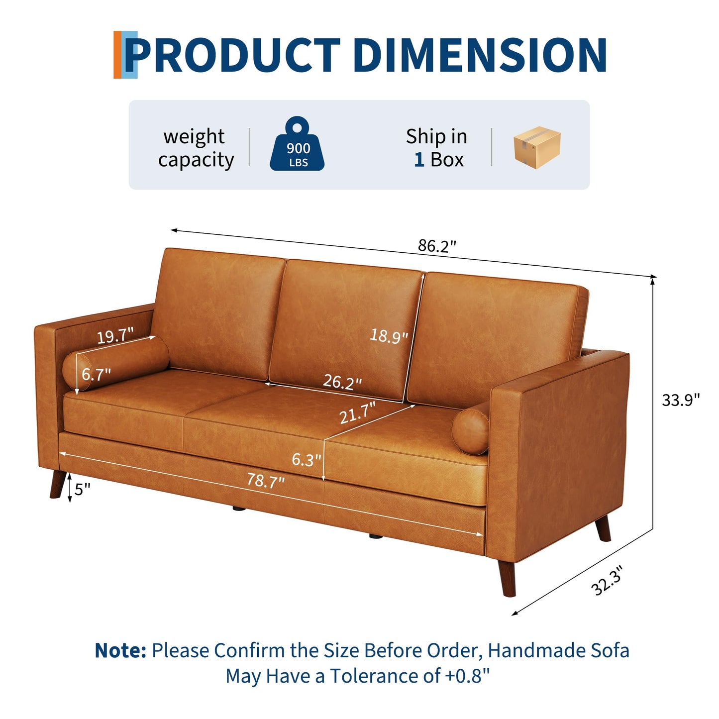 IDEALHOUSE 86" Faux Leather Sofa, Mid Century Modern Deep Seat Couch, Leather Couch with Upholstered Cushion&Removable Cover, 3 Seat Sofa for Living Room, Office, Cognac Tan