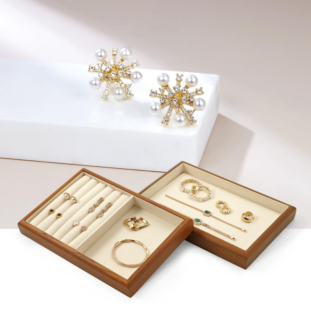 Oirlv Solid Wood 12 Grid Jewelry Organizer Tray Jewelry Drawer Organizer for Rings Earrings Storage Display(Creamy-white)