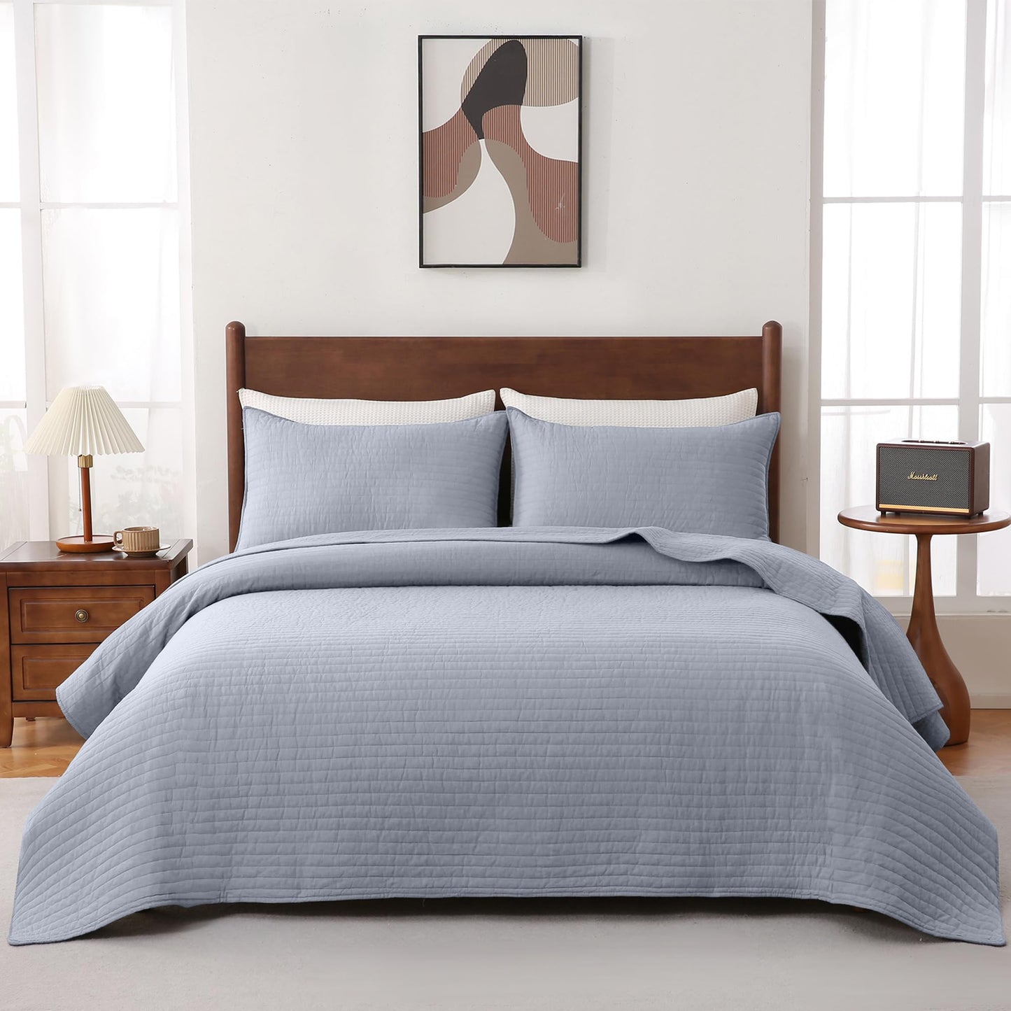 FDDX 100% Cotton Quilt Set California King Size - Soft Lightweight Stripe Bedding Set, Classic Comforter Set for All Season with 2 Shams, Oversized Bedspread Coverlet, 110x120 inches