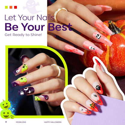 modelones Gel Nail Polish Set 6 Colors 2025 Halloween Hocus Pocus Collection Glow in the Dark Neon Green Orange Purple Red Black Gel Polish Set Fall Soak Off LED Nail Art Kit Gift with Nail Stikers