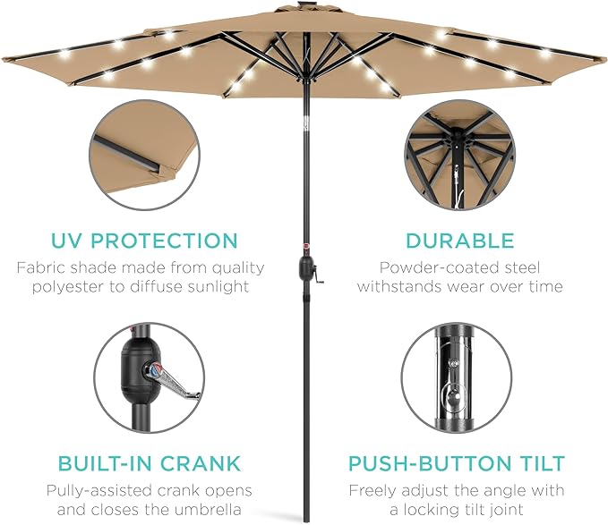 Best Choice Products 10ft Solar Polyester LED Lighted Patio Umbrella w/Tilt Adjustment and UV-Resistant Fabric