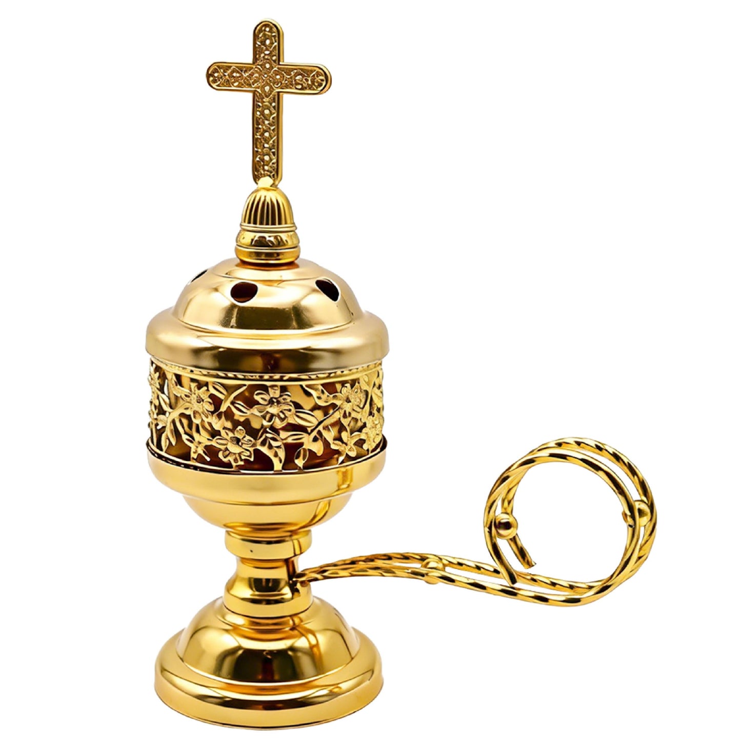 JREEPEE Solid Brass Color Incense Burner with Cross Lid - 6 Inch Charcoal Censer for Catholic Church, Home Altar - Thurible for Frankincense, Resin, Bakhoor