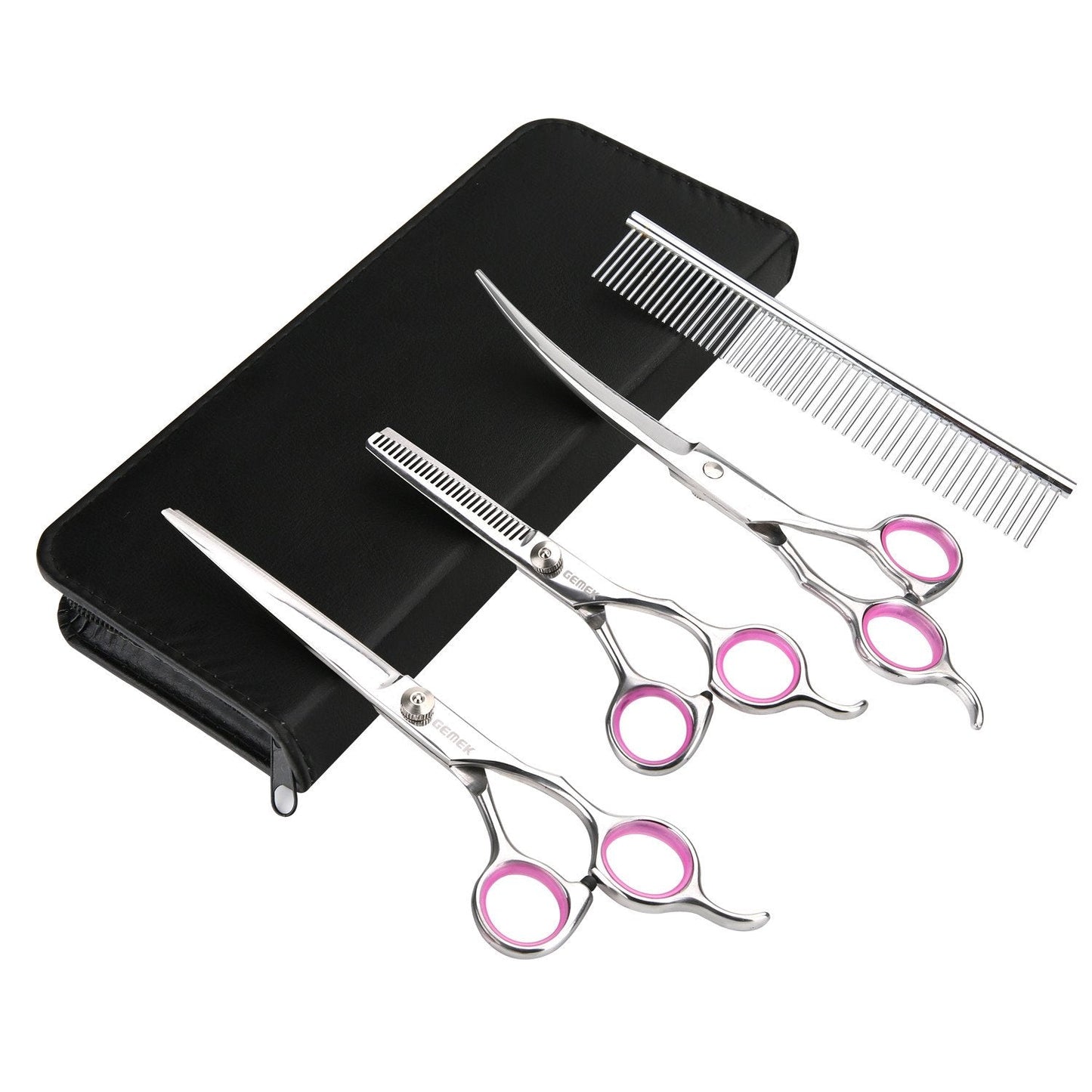 GEMEK Pet Grooming Scissors Set 4 Pieces Stainless Steel Pet Trimmer Kit Used for Dog Cat and More Pets - with 7.5-inch Cutting Scissors, Thinning Shear, Curved Scissors, Grooming Comb