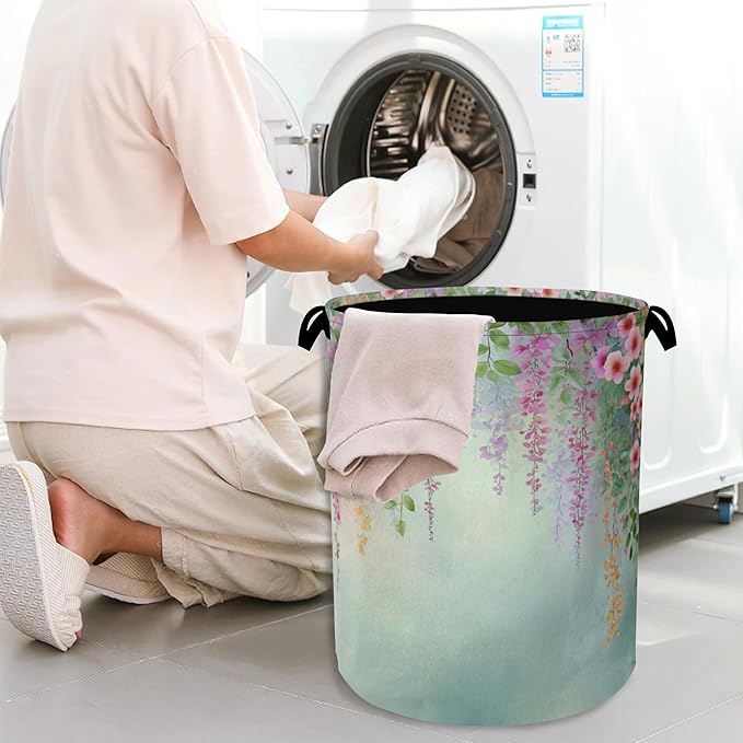 Colorful Flowers Laundry Basket, Foldable