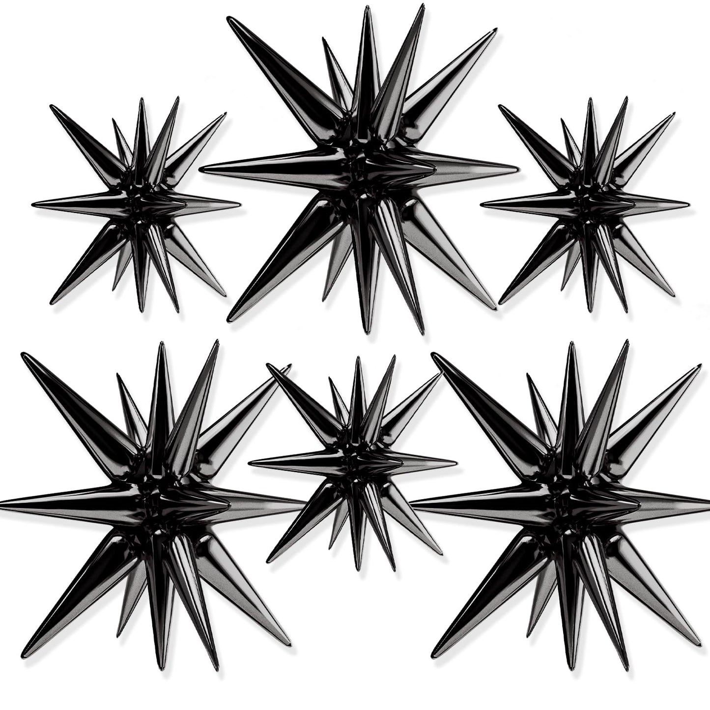 PartyWoo Black Star Foil Balloons 6pcs Different Sizes Pack of 27 22 Inch Large Black Starburst Spike Mylar Balloons for Graduation Birthday Retirement Anniversary Space Theme Party Decorations