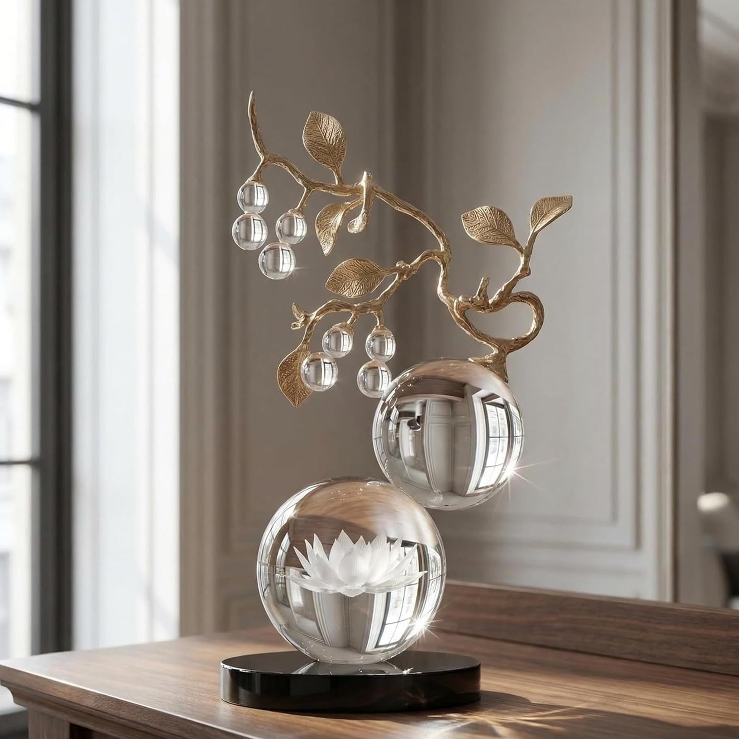 Mataura Clear Glass Sculpture, Nature Inspired Decorative Statue with Gold Metal Branch - Minimalist Desk Sculpture Home Decor for Tabletop Living Room Shelf Desk Office - Unique Housewarming Gift