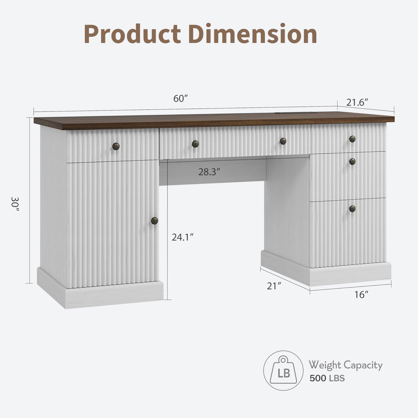 IDEALHOUSE 60 Inch Modern Executive Desk with Charging Station, USB-C/A Ports & 6.56ft Cord - Walnut & White Fluted Wood Office Desk with File Drawers, Sturdy Computer Desk for Home Office