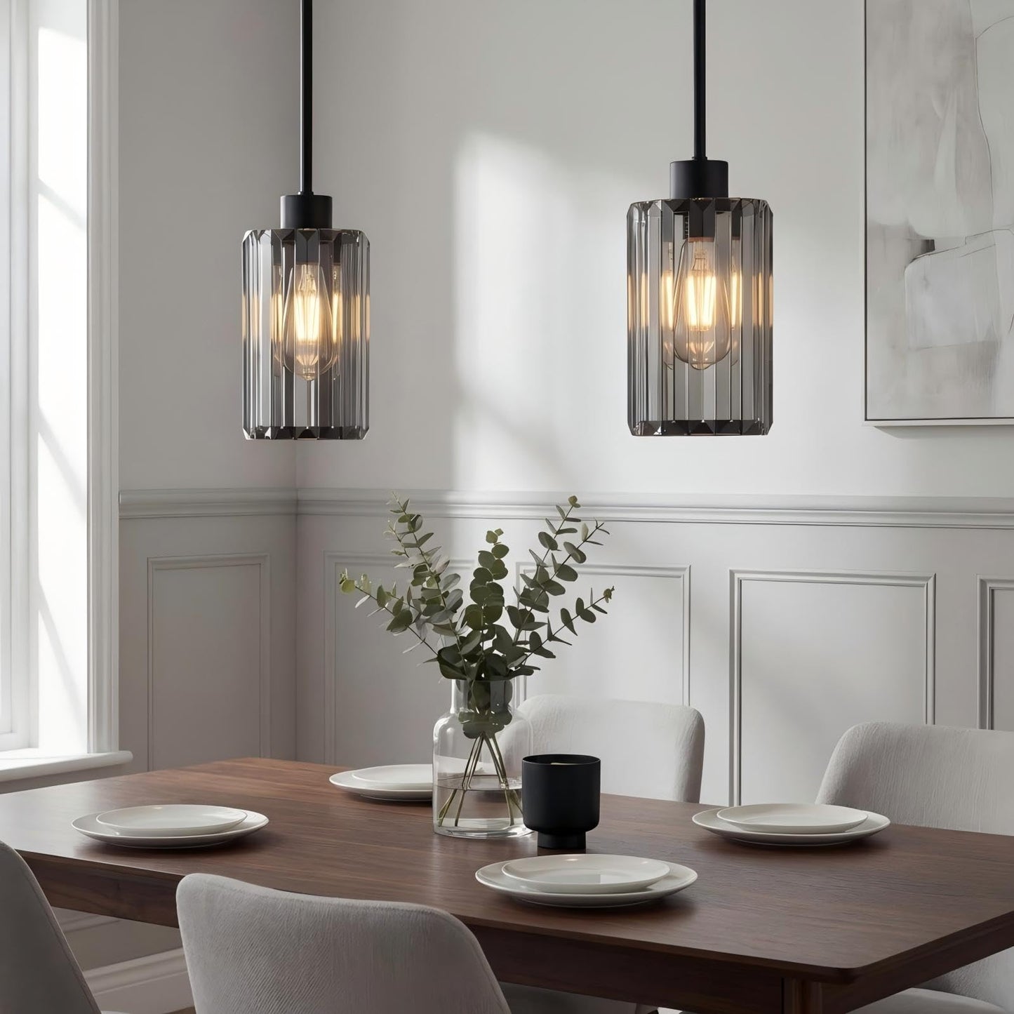Virelite Modern Clear Fluted Glass Pendant Light 1 Pack - Thick Ribbed Glass with Soft Glow, Adjustable E26 Hanging Lamp for Kitchen Island & Dining Room