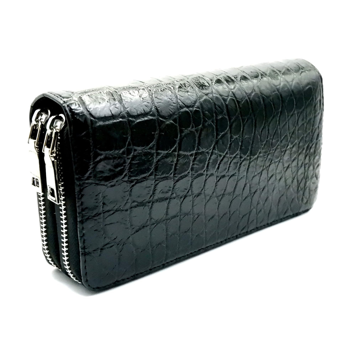 EXSOOTTI New Black Alligator Crocodile Leather Belly Soft Skin Women Double Zipper Clutch Wallet.