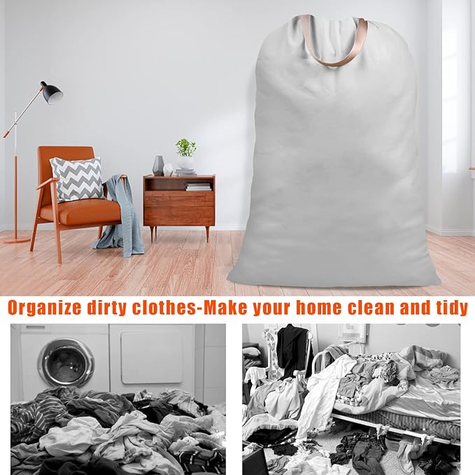 Cotton Canvas Laundry Bag with Handles & Drawstring Straps, Heavy Duty Extra