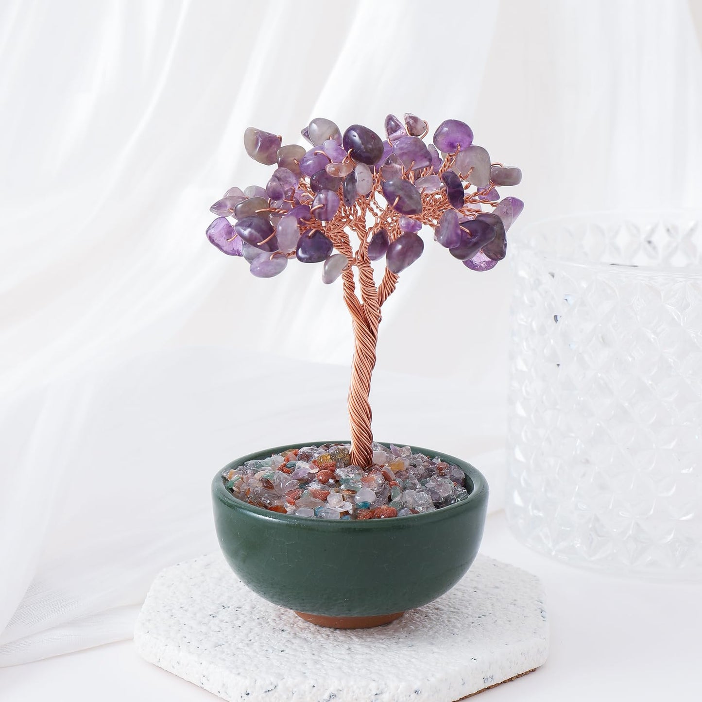 1PC Natural Amethyst Crystal Tree Handmade Wire Life Small Bowl Flowerpot Base Reiki Healing Feng Shui Mineral Specimen Tabletop Ornaments
