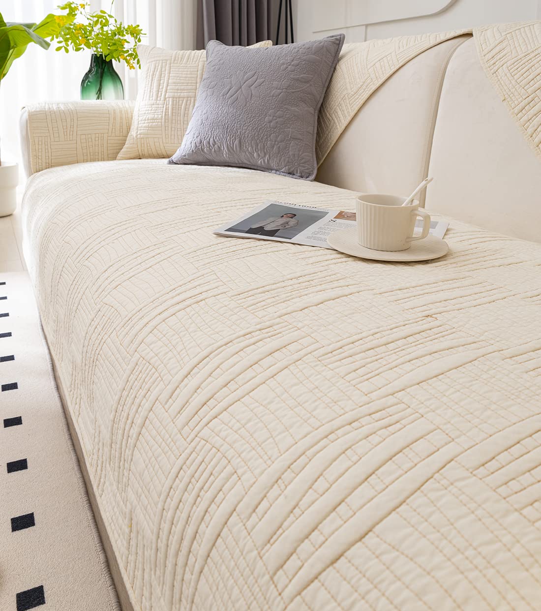 XSlive Farmhouse Couch Cover Solid Color Neutral Sofa Cover Soft Cotton Quilted Sectional Couch Covers Non Slip Washable Sofa Slipcover Furniture Protector for Living Room (Ivory B,28"x28")