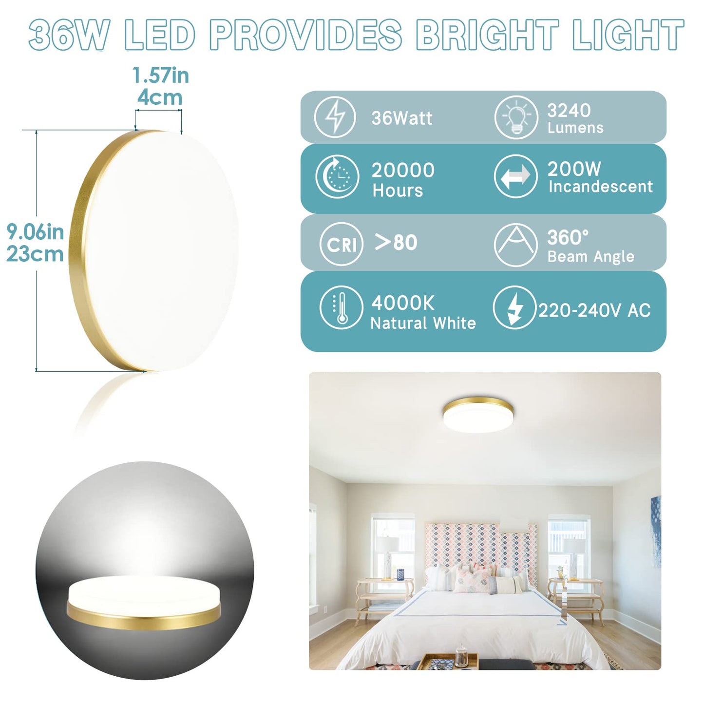 ASHUAQI Gold LED Ceiling Light, 36W 4000K Natural White Bathroom Lights, 3240LM Round Bright Ceiling Lights for Kitchen, Bedroom, Hallway, Utility Room, Laundry, Toilet, Porch, Ø23 CM