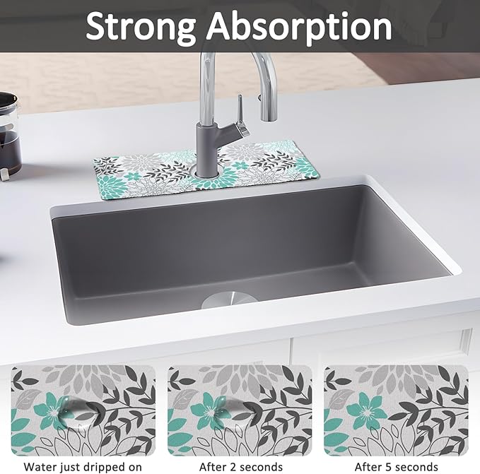 15" X 5.5" Kitchen Sink Splash Guard Faucet Mat Floral Super Absorbent Fast