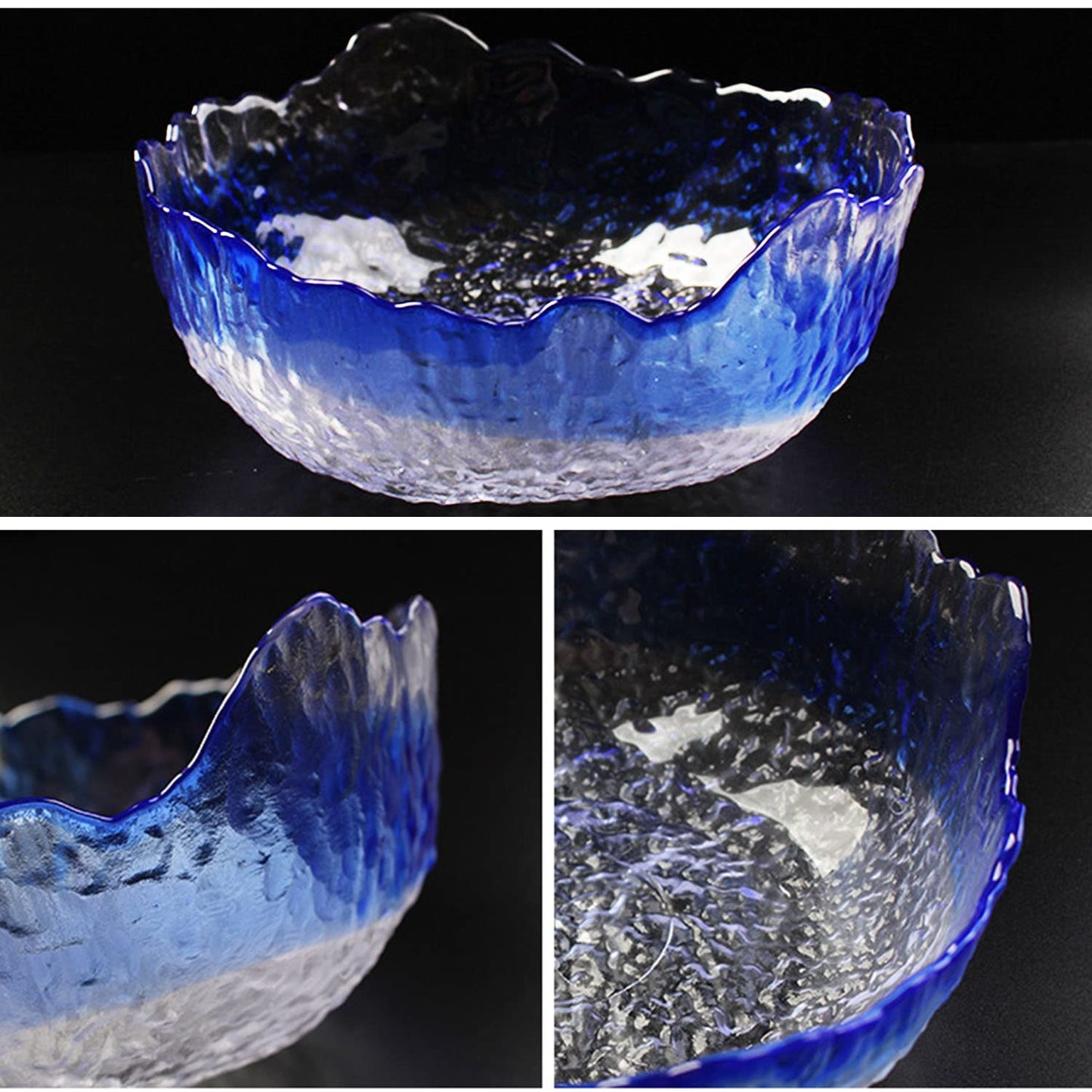 Halyuhn 8 Inch Blue Clear Glass Salad Bowl, 50 OZ Irregular Mixing Bowl with 3 Inch Wall, Decorative Hammered Round Serving Bowl with Wavy Edge for Fruit, Candy Dish, Dining Party, L