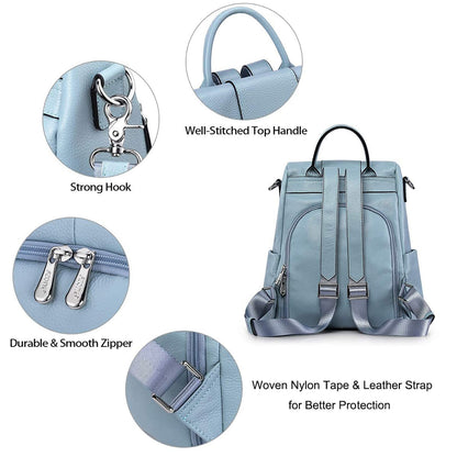 S-ZONE Women Soft Leather Backpack Anti-theft Purse Ladies Waterproof Rucksack School Bag (Blue)