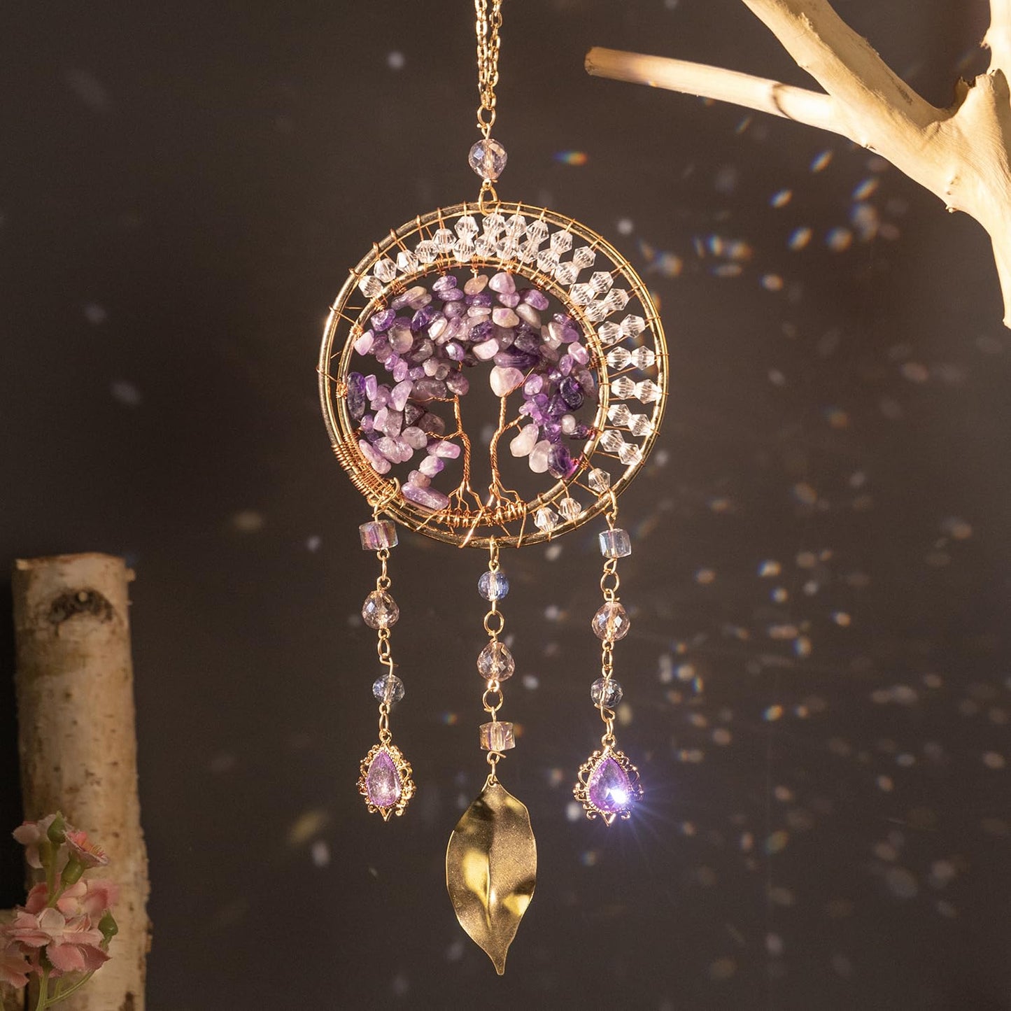 Crystal Suncatcher for Windows Hanging Decor Amethyst Crystal Tree of Life Sun Catcher Prism Rainbow Dream Catchers for Adult Garden Home Decor