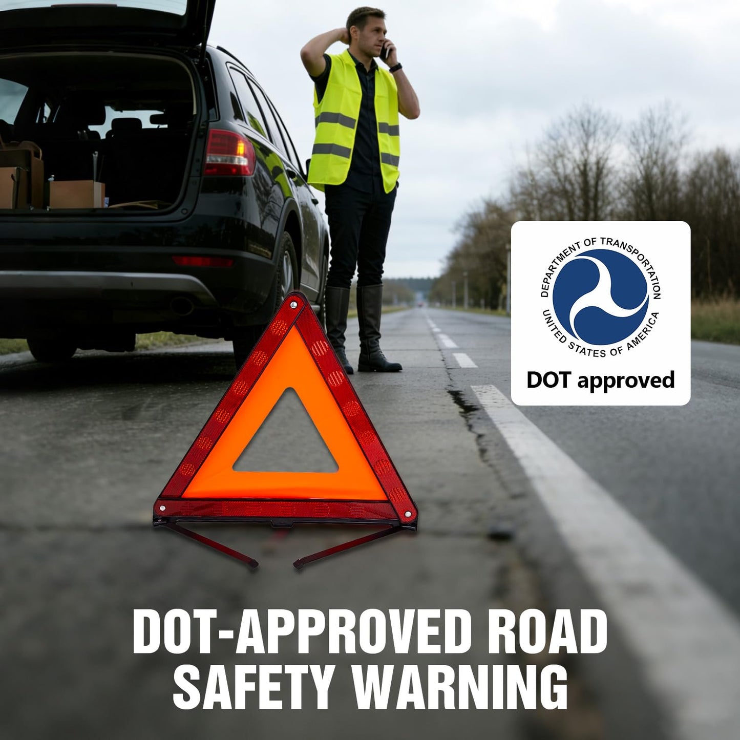 XOOL Emergency Warning Triangle Kit – Roadside Safety Kit with Reflective Warning Triangles, High-Visibility Safety Vests, Storage Bag & Gloves for Car Breakdowns & Emergencies