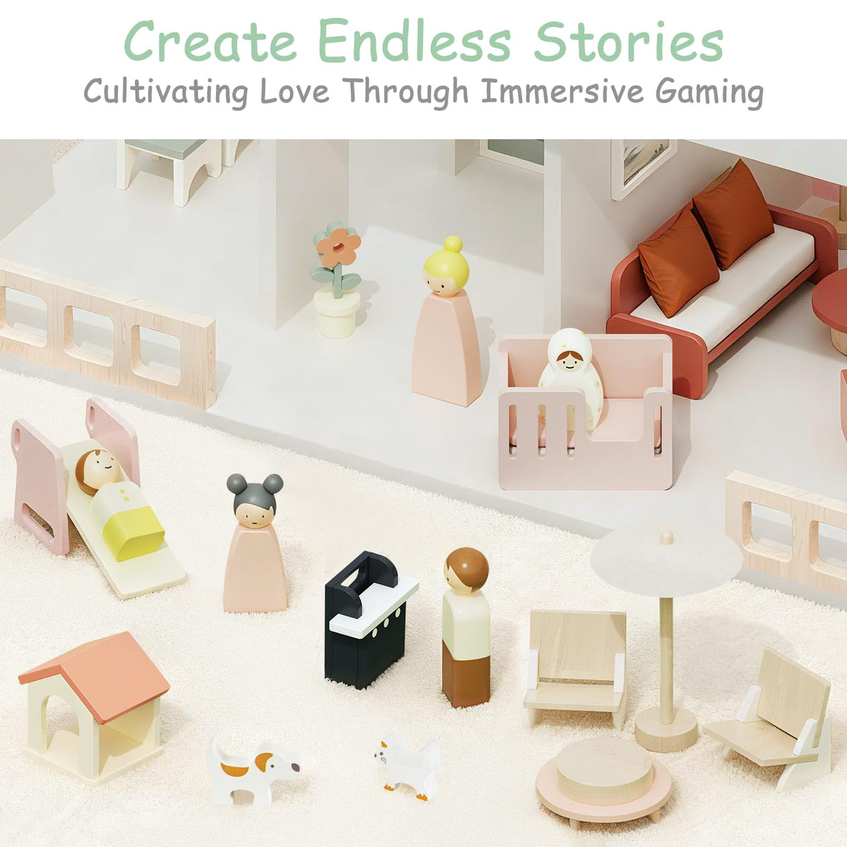 Fabuday Modern Wooden Doll House for Kids Girls - Toddler Dollhouse with 8 Rooms Playset, DIY Pretend Play Houses Toy Kits with 81 Pcs Furniture Accessories, Dolls & Pets, Gift for Ages 3+