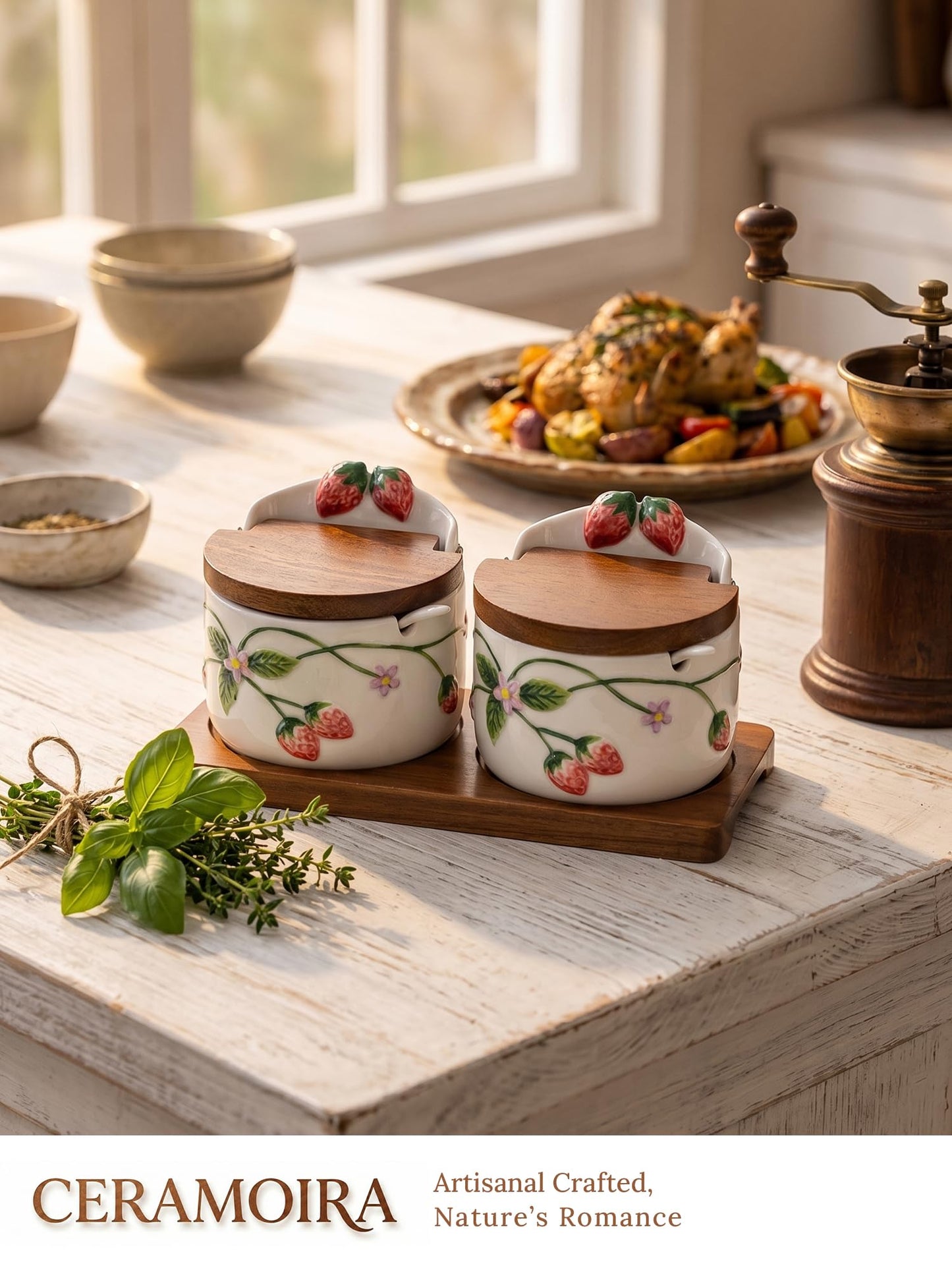 Ceramoira Ceramic Salt and Pepper Cellar Set with Spoons, Lids, and Tray | Handmade Strawberry Condiment Holders for Spices, Sugar, Seasonings, and More | Holds 12oz. Each