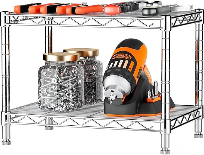 Xcity Storage Shelves, 2 Tier Heavy Duty Metal Shelving Unit with Wheels, 700 LBS Capacity Adjustable Steel Wire Shelf Organizer for Pantry, Kitchen, Garage, 14" D x 24" W x 20" H, Chrome