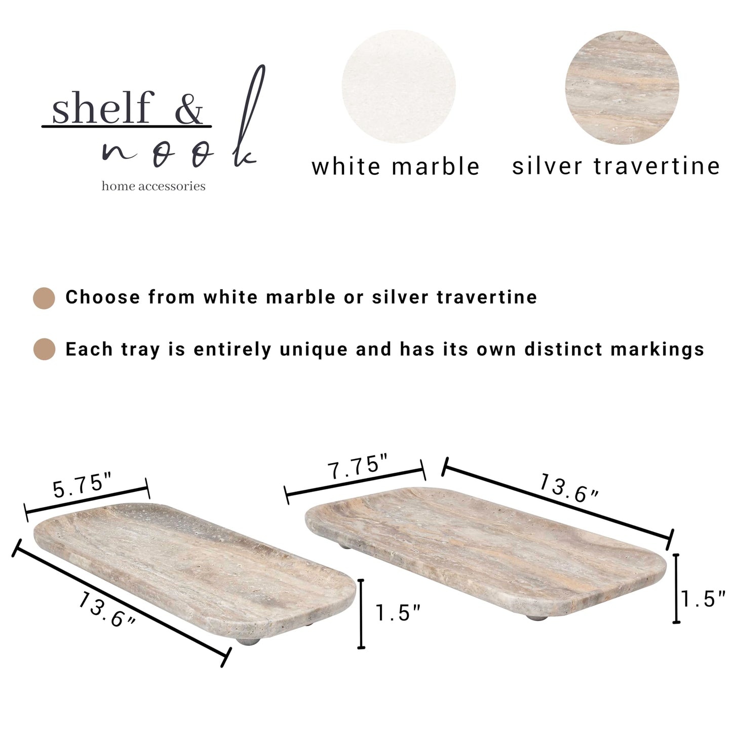 Travertine Marble Footed Tray in White Marble or Silver Travertine – Available in Two Sizes. (White, Large)