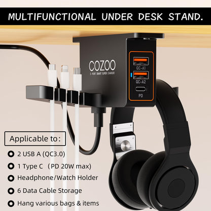 cozoo Headphone Stand with USB Charger Under Desk Headset Holder Mount 3 USB Charging Station,iWatch Stand Watch Dock Dual Earphone Hanger Hook,PC Accessories Gifts,UL Tested