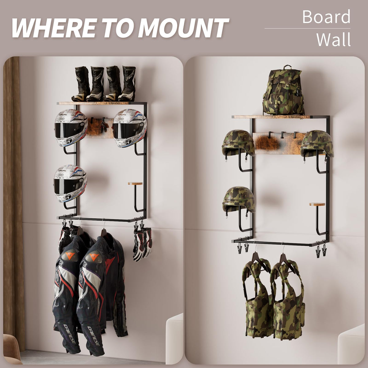 OMISRUIS Motorcycle Helmet Holder Wall-Mounted Helmet Rack with 4 Glove Chips& Hooks - Rustic Bike Helmets Storage Organizer, Universal Wall Mount for Helmets, Gear, Clothes, Accessories，Retro