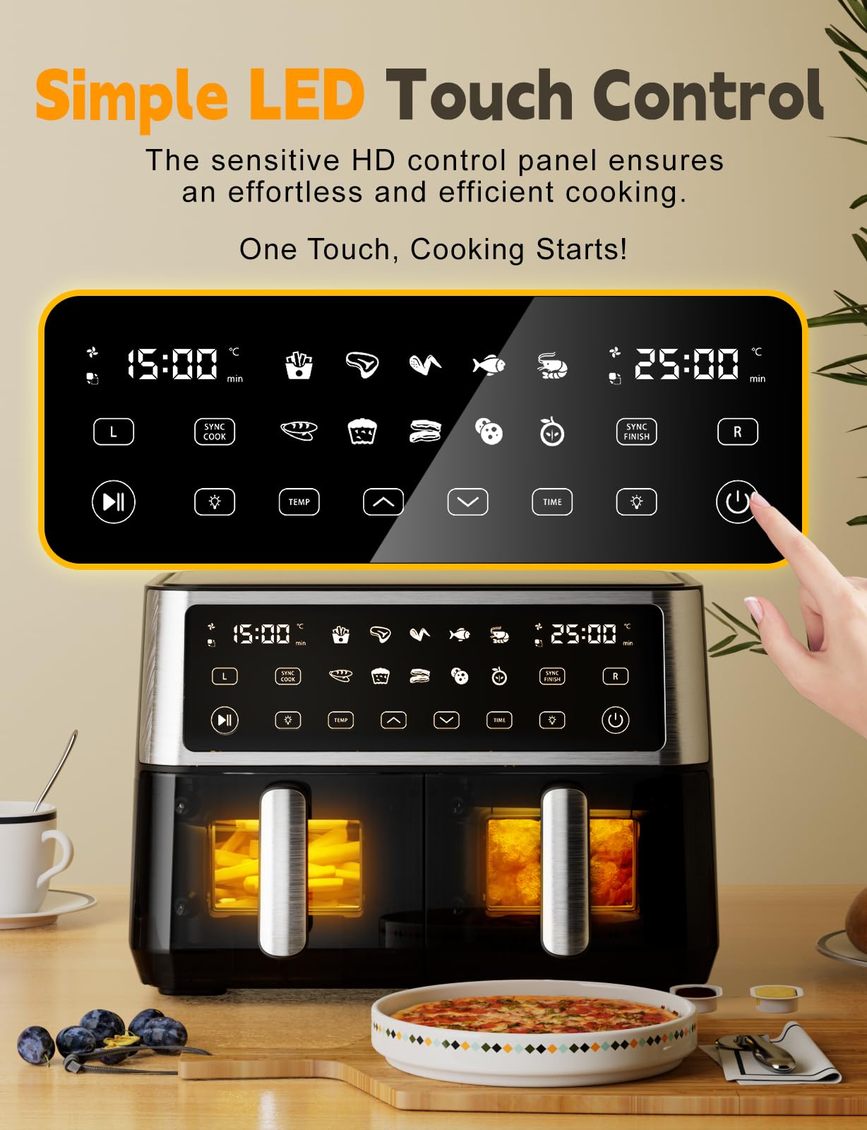 10L Dual Air Fryer, 2 Nonstick Drawers with Visible Window,10-In-1 Cooking Presets, Sync Cook & Finish, Smart Touch Screen, 1-24H Timer Function, Uses No Oil& Max Crisp, 50℃ to 200℃, Dishwasher Safe