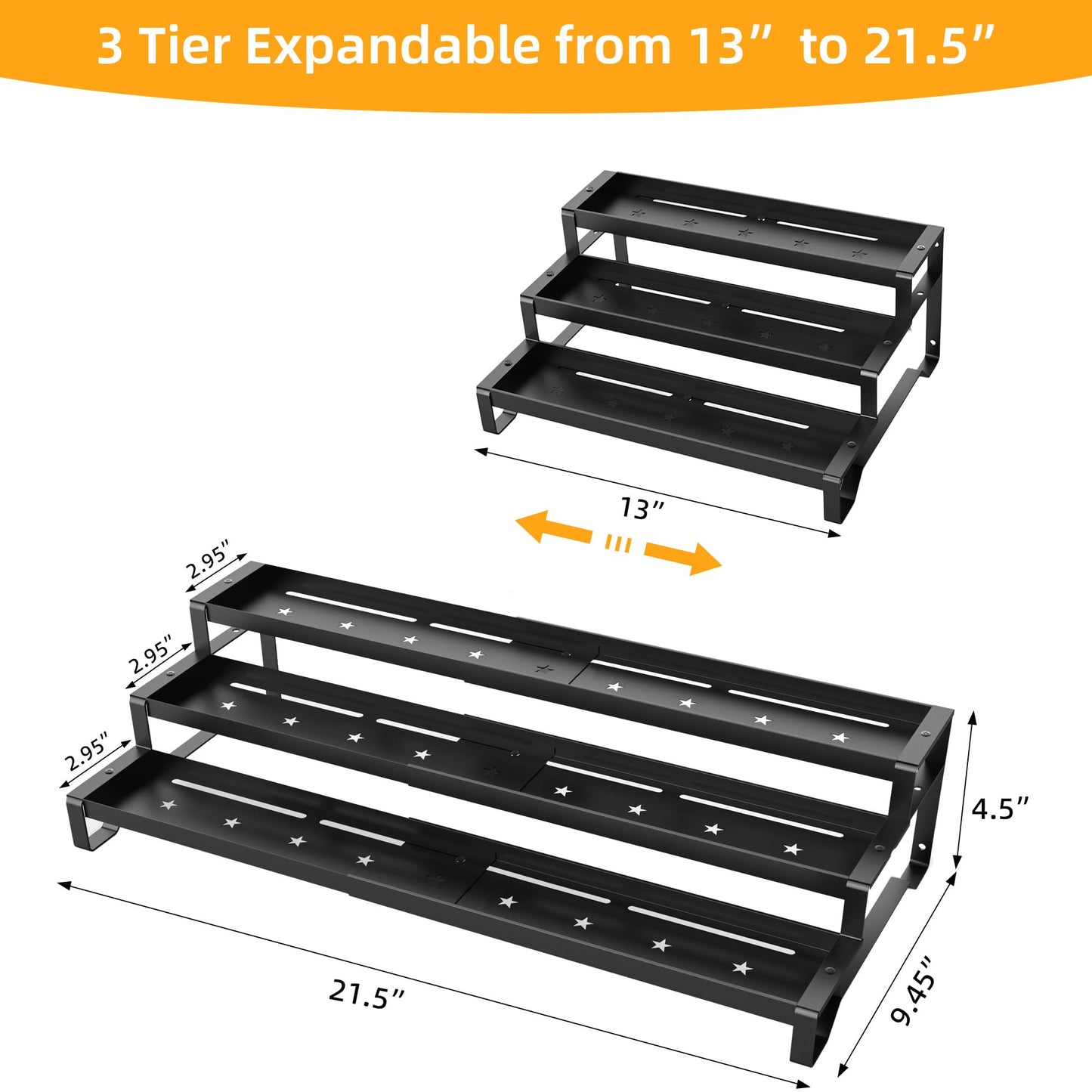 PEEKUP 3-Tier Spice Rack Organizer, 13"-21.5" Expandable Spice Organization Shelf, Metal Seasoning Organizer for Kitchen Countertop or Pantry, Slip-Resistant Design for Jars and Bottles, Black
