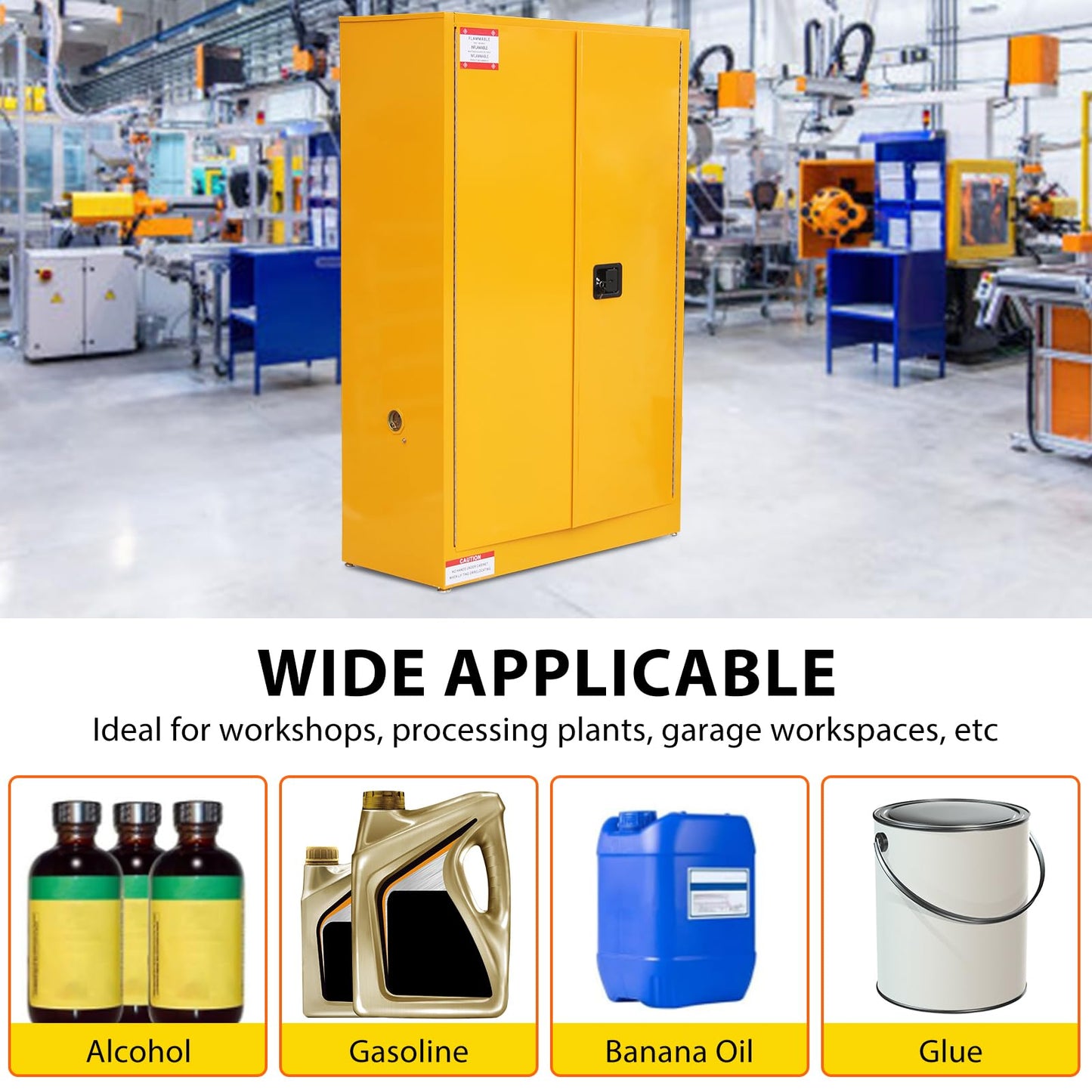GarveeTech 45 Gallon Flammable Cabinet, 43" x 18" x 65" Galvanized Steel Safety Cabinet Fireproof Chemical Storage Cabinet with Double-Wall Steel, Lockable Manual-Close Doors for Lab Garage - Yellow