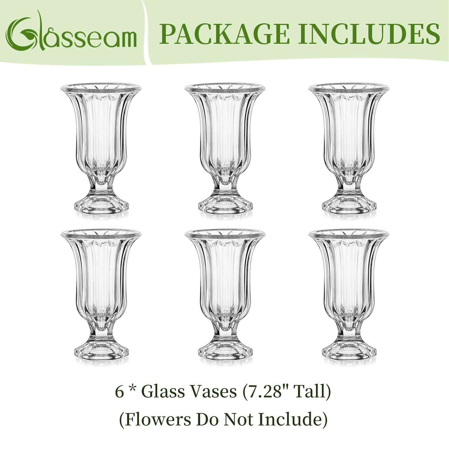 Glasseam Crystal Vases for Flowers, 7.5in Tall Vase Set of 6, Clear Glass Compote Vases and Ribbed Pedestal Bowls for Living Room Decorations Dining Table Home Decor