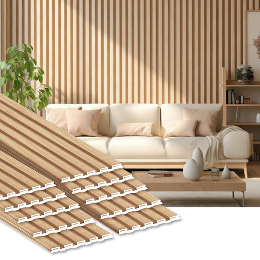 RITOLLO 10 Pack WPC Slat Wall Panels, 3D Fluted Acoustic Wall Paneling 90.6 x 6.1 x 0.35 Inches, Wood Look Decorative Panels for TV Background, Living Room, Interior Wall Decor (Elm)