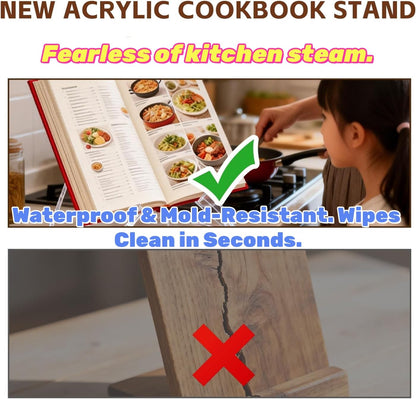 Cookbook Stand for Kitchen Counter Holds Books, Acrylic Cookbook Holder for Kitchen Counter Decor, Adjustable & Multifunctional Recipe Book Holder, Clear Display Holder
