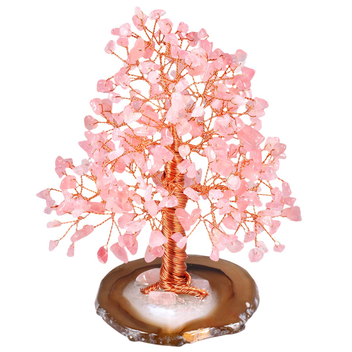 mookaitedecor Natural Rose Quartz Crystal Tree with Agate Slice Geode Base Money Tree Desk Home Decoration for Wealth and Luck 5"-6"