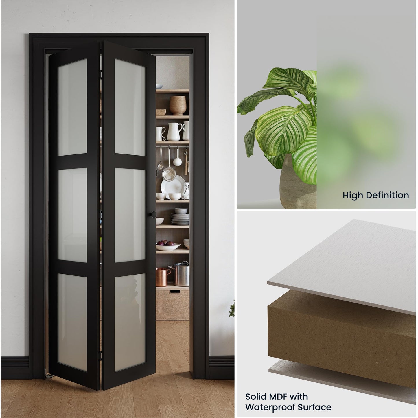 COSHOMER Bifold Doors for 36" x 80" Opening, 3-lite Tempered Frosted Glass Closet Folding Doors with Hardware kit Included, Easy Assembly, Black