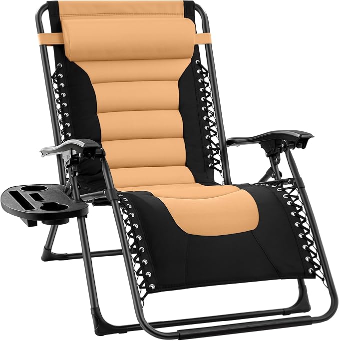 Best Choice Products Oversized Padded Zero Gravity Chair, Folding Outdoor Patio Recliner, XL Anti Gravity Lounger for Backyard w/Headrest, Cup Holder, Side Tray, Polyester Mesh - Tan