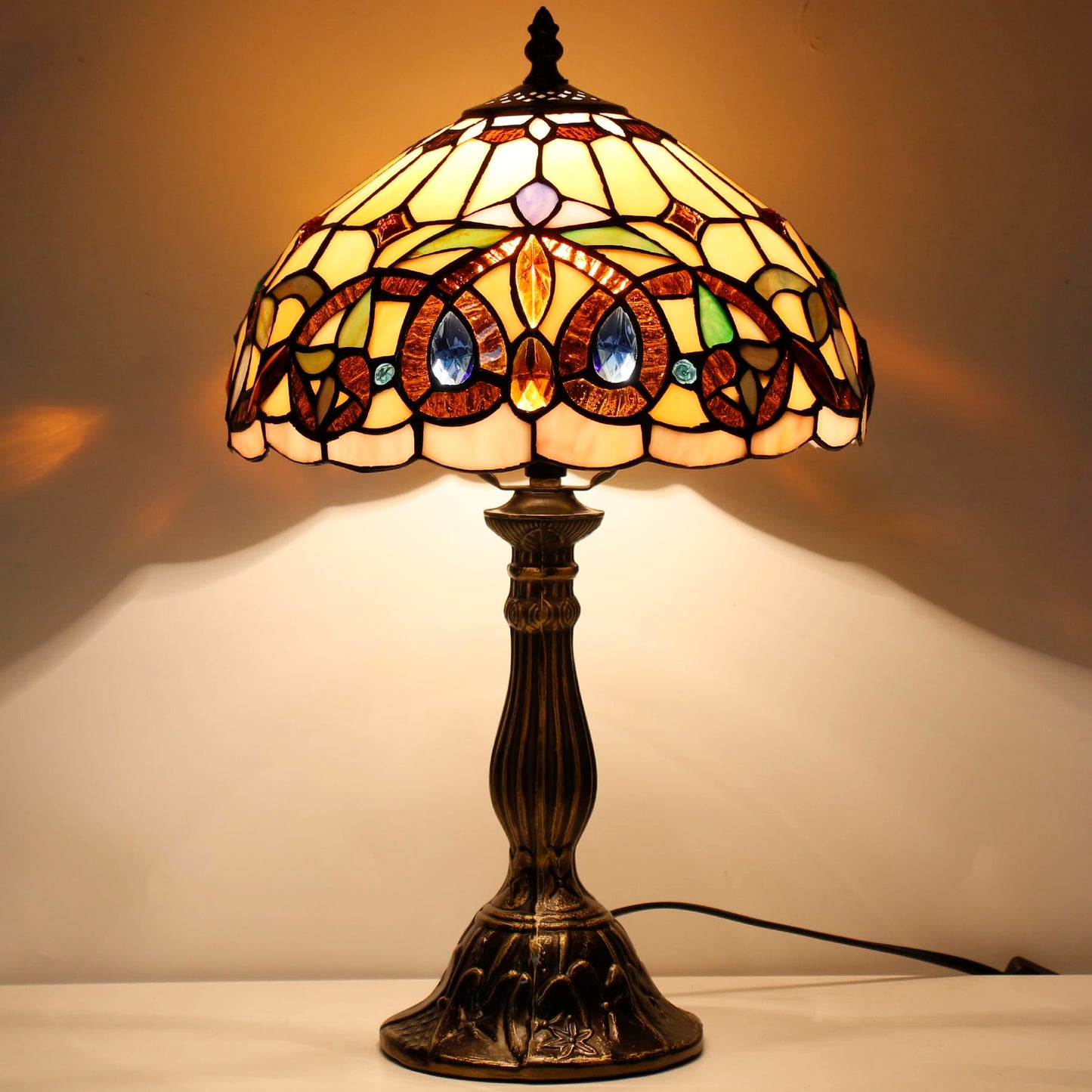WERFACTORY Tiffany Style Table Lamp Stained Glass Serenity Victorian Bedside Lamp Desk Reading Light 12X12X18 Inches Decor Bedroom Living Room Home Office S021 Series