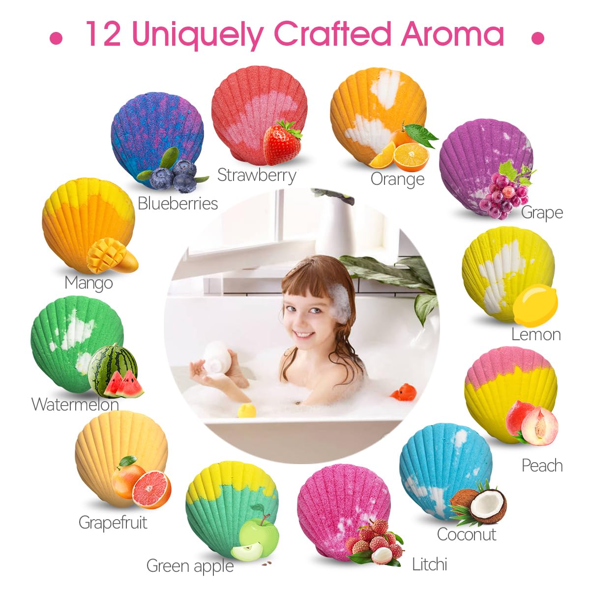 Bath Bombs for Kids with Surprise Toys Inside, 12 Pack Shell Kids Bath Bombs Gift Set for Girls Boys Birthday, Easter, Christmas, Halloween, Handmade Organic Bath Fizzy Bomb with Sea Animal for Child