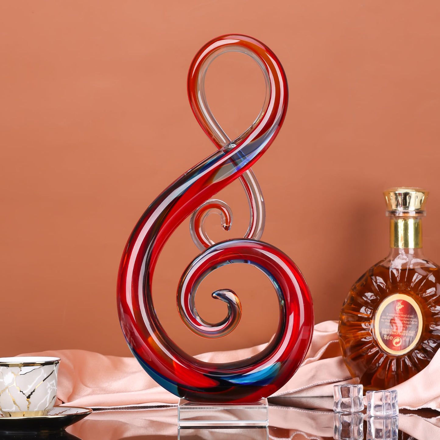 LCCCK 13" H Large Glass Sculpture Blue Hand Blown Glass Figurines Art Music Decor, Modern Red Glasses Decor Crystals Statue Knick Knacks- for Luxury Home Living Room Office Console Table Decoration