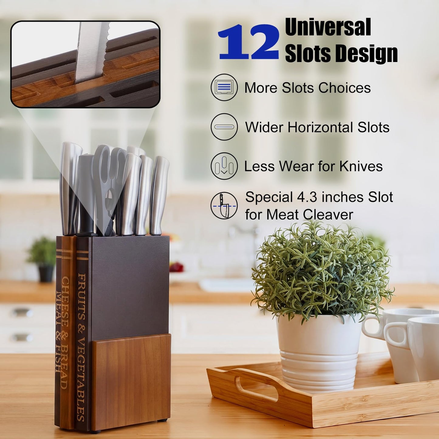 Book Knife Block Holder for Kitchen Countertop Wood Knife Block Without Knives 12 Slot Book Cutting Board Accessories Decorative Storage Organizer that Look Like Books Gift for Home Cooks