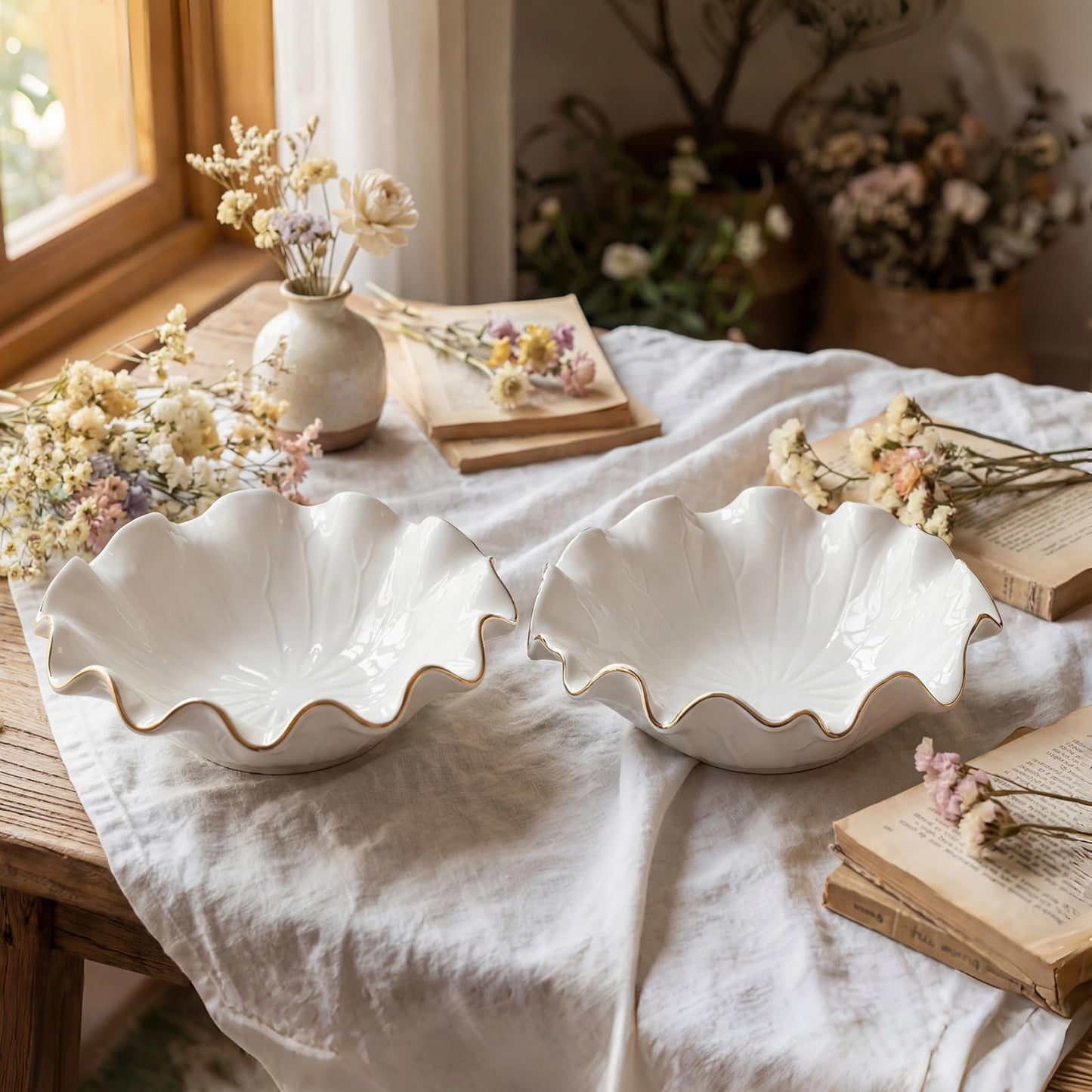 Ferrochef 2 Pack White Lotus Ceramic Decorative Bowls 7.48 x 2.56 Inch Ruffle Lotus Leaf Scalloped Bowl with Gold Trim for Coffee Table Counter Keys Coins Catchall